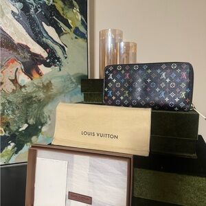 Louis Vuitton Black Takashi Murakami Multicolor Monogram Wallet / Includes C.O.A